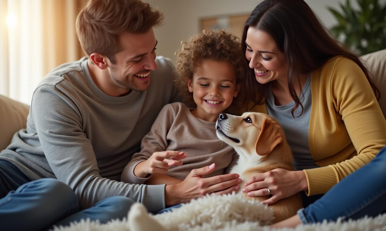 Familia feliz adoptando una mascota de un refugio